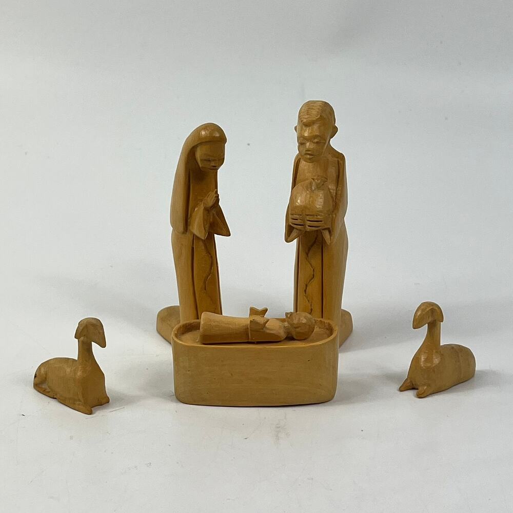 African Hand Carved Wood Nativity Set 5 Piece Ghana Kenya Folk Art Figures 4pc